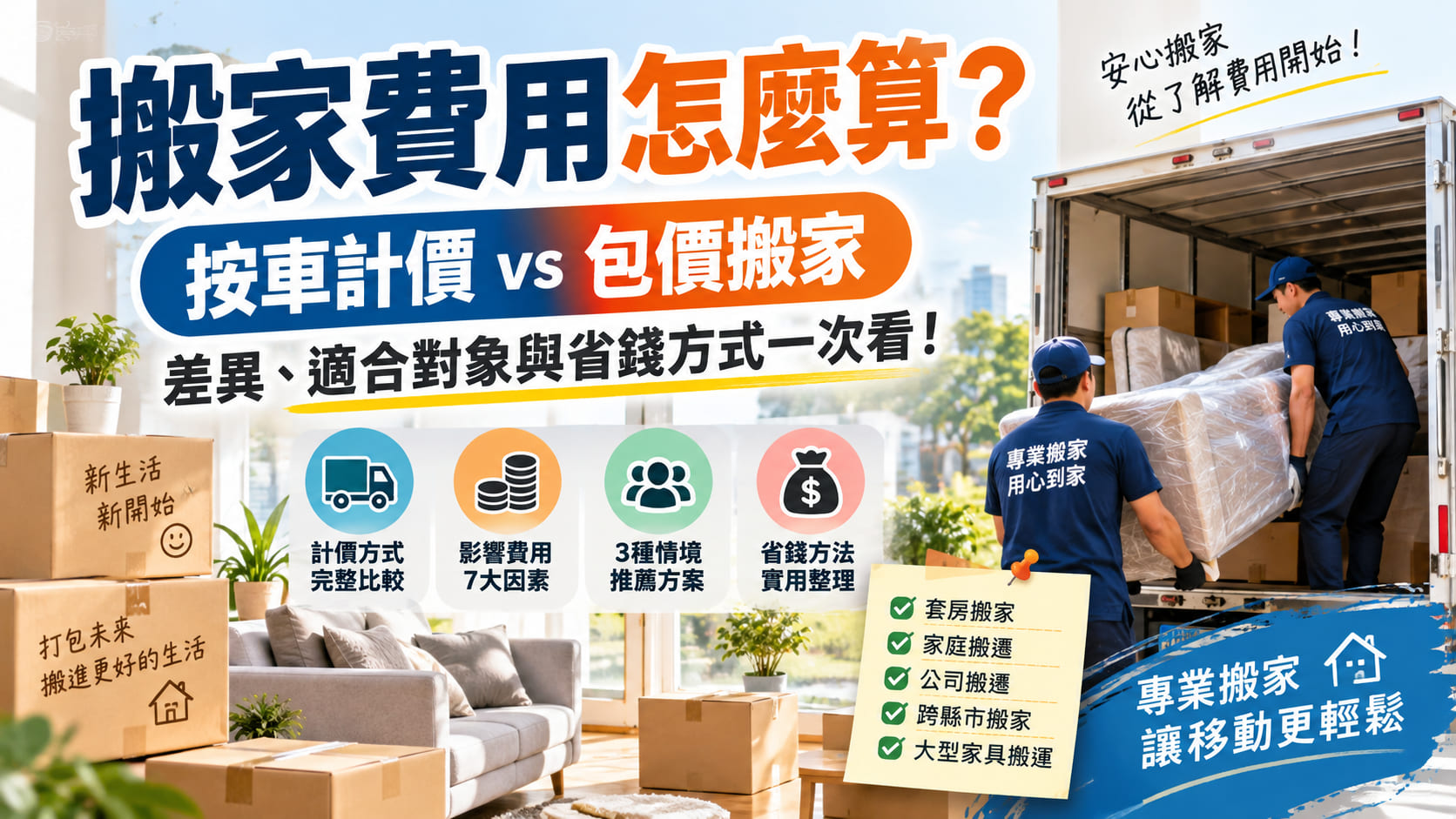 搬家費用怎麼算？按車計價 vs 包價搬家差異、適合對象與省錢方式一次看